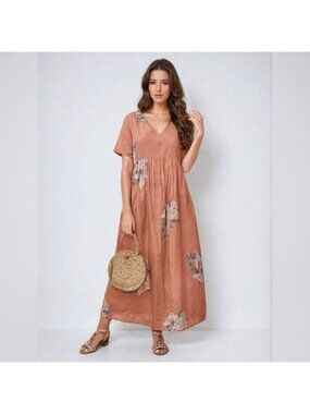 Coral Cotton Floral Maxi Dress